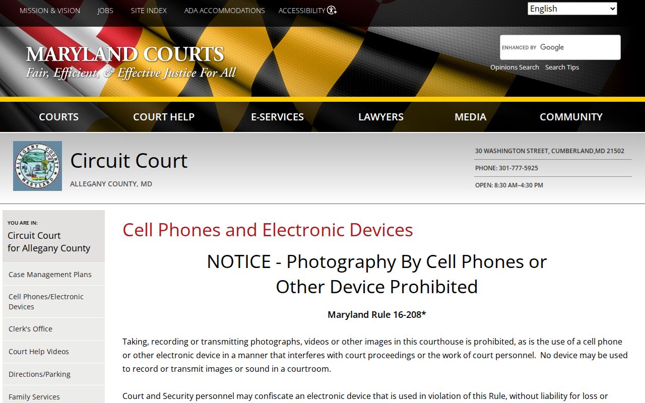 Allegany County warrant check note about courthouse photography limits