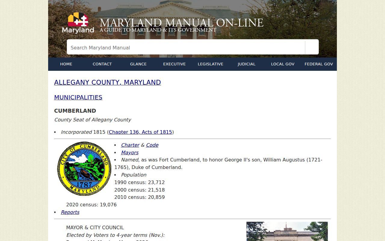 Allegany County warrant records context from the Cumberland county seat profile